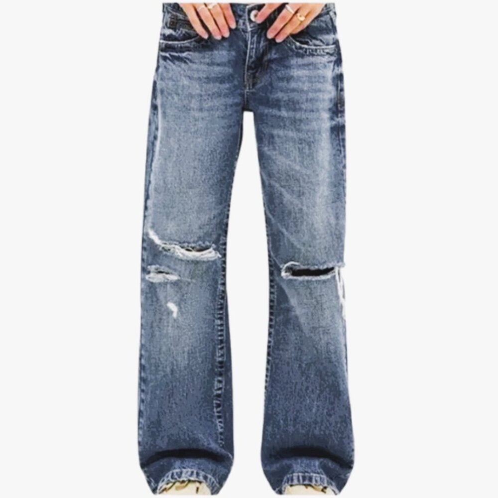 Kayla Destructed Low-Rise Wide Leg Distressed Ripped Jeans